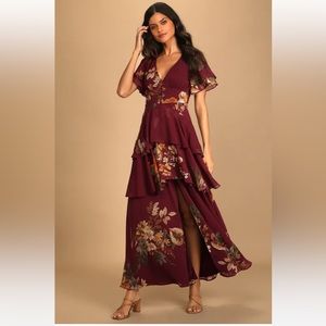 Midnight Mood Burgundy Floral Print Tiered Maxi Dress